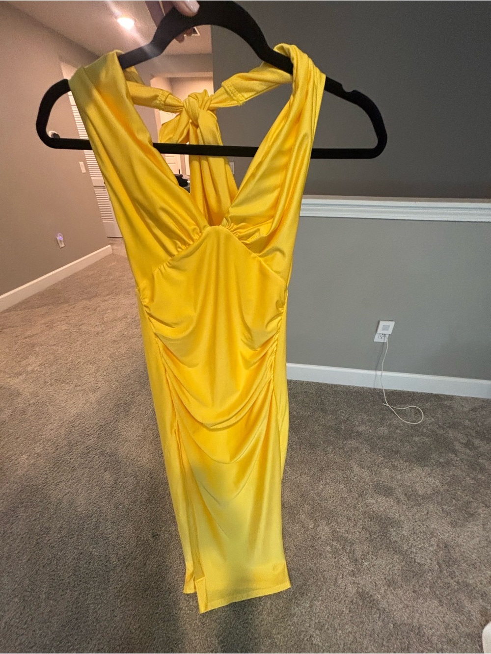 Yellow Ruched Halter Midi Dress - Unbranded